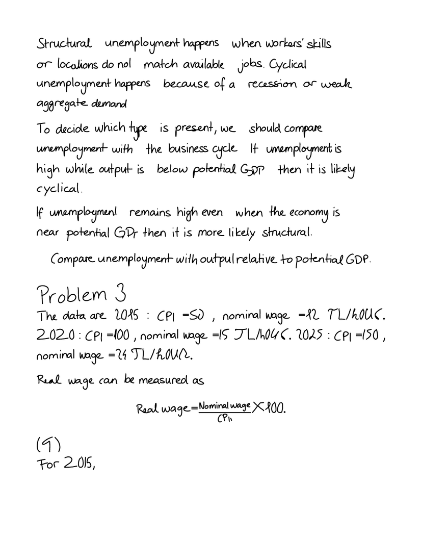 A page from a rendered handwritten homework PDF — Problem 3 with the real-wage formula.